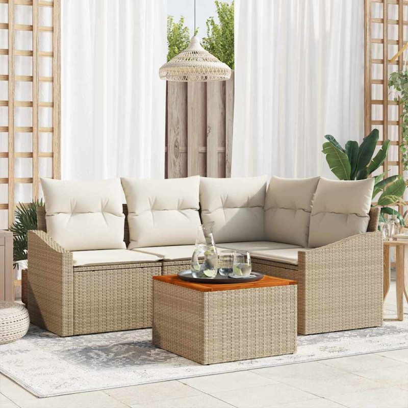 vidaXL Set di Divani da Giardino 5 Pezzi con Cuscini in Rattan Sintetico Beige e Acacia
