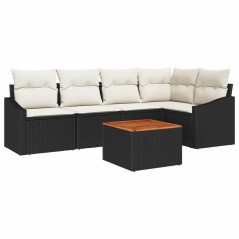 vidaXL Set da giardino di 6 pezzi con cuscini in rattan nero e tavolo in acacia