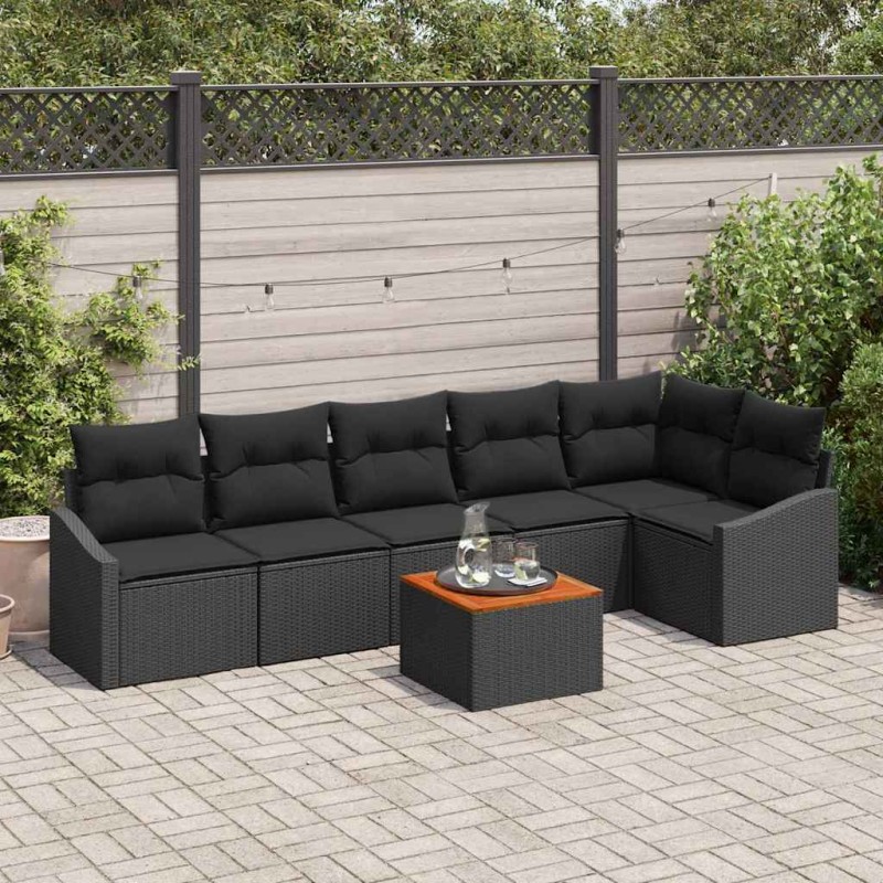 vidaXL Set da Giardino da 7 Pezzi con Cuscini Neri in Polyrattan e Acacia