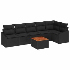 vidaXL Set da Giardino da 7 Pezzi con Cuscini Neri in Polyrattan e Acacia