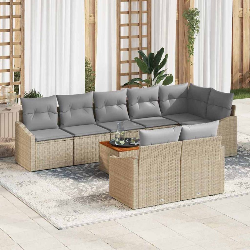 vidaXL Set di divani da giardino di 9 pezzi con cuscini beige in polyrattan e legno di acacia