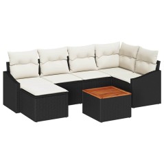 vidaXL Set divani da giardino con cuscini in rattan sintetico nero e acacia, 7 pezzi.