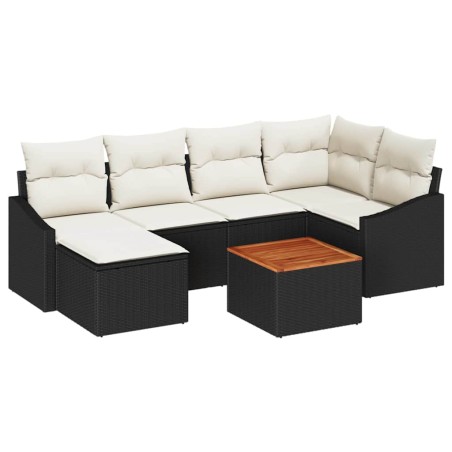 vidaXL Set divani da giardino con cuscini in rattan sintetico nero e acacia, 7 pezzi.