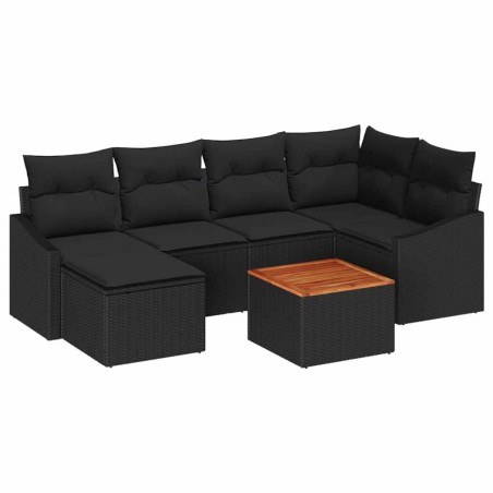 vidaXL Set di divani da giardino di 7 pezzi con cuscini in polirattan nero e acacia