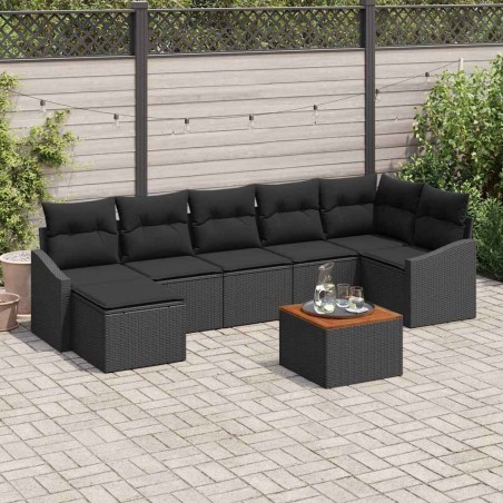 vidaXL Set Giardino 8 Pezzi con Cuscini in Rattan Nero e Tavolo in Acacia