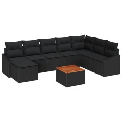vidaXL Set da Giardino 9 Pezzi con Cuscini in Rattan Sintetico Nero e Tavolo in Acacia