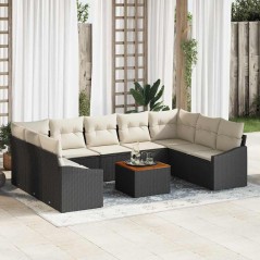 vidaXL Set di divani da giardino da 10 pezzi con cuscini in rattan nero e legno di acacia
