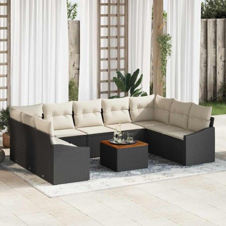 vidaXL Set di divani da giardino da 10 pezzi con cuscini in rattan nero e legno di acacia