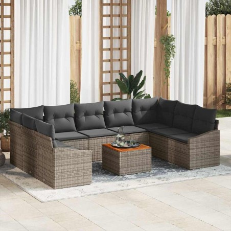vidaXL Set Divano da Giardino a 10 Pezzi con Cuscini Grigi in Poly Rattan e Acacia