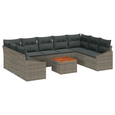vidaXL Set Divano da Giardino a 10 Pezzi con Cuscini Grigi in Poly Rattan e Acacia