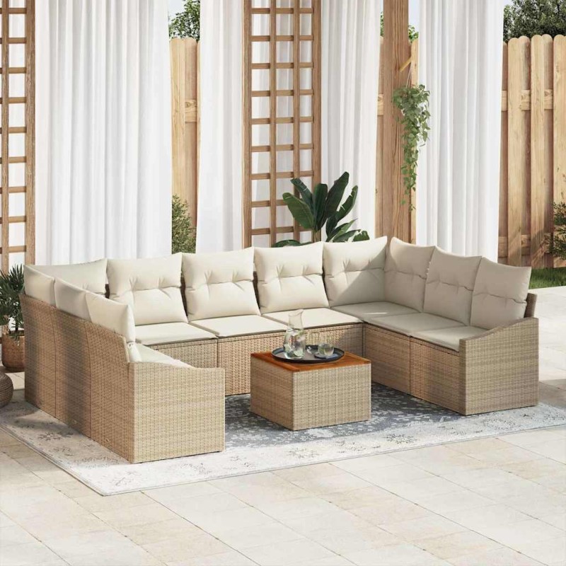 vidaXL Set di divani da giardino con cuscini da 10 pezzi, colore beige, in rattan polietilene e acacia