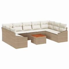 vidaXL Set di divani da giardino con cuscini da 10 pezzi, colore beige, in rattan polietilene e acacia