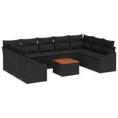 vidaXL Set da giardino di 10 pezzi con cuscini in rattan nero e acacia.