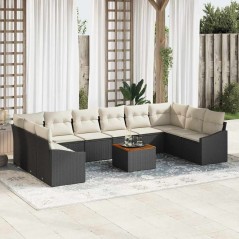 vidaXL Set Giardino in 11 pezzi con cuscini neri in rattan polyrattan e legno di acacia.