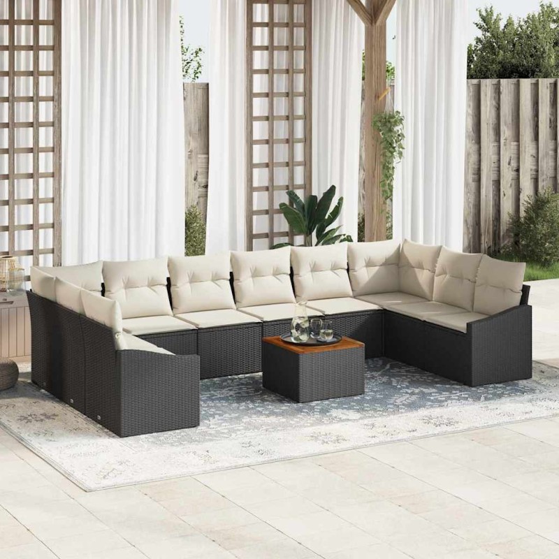 vidaXL Set Giardino in 11 pezzi con cuscini neri in rattan polyrattan e legno di acacia.