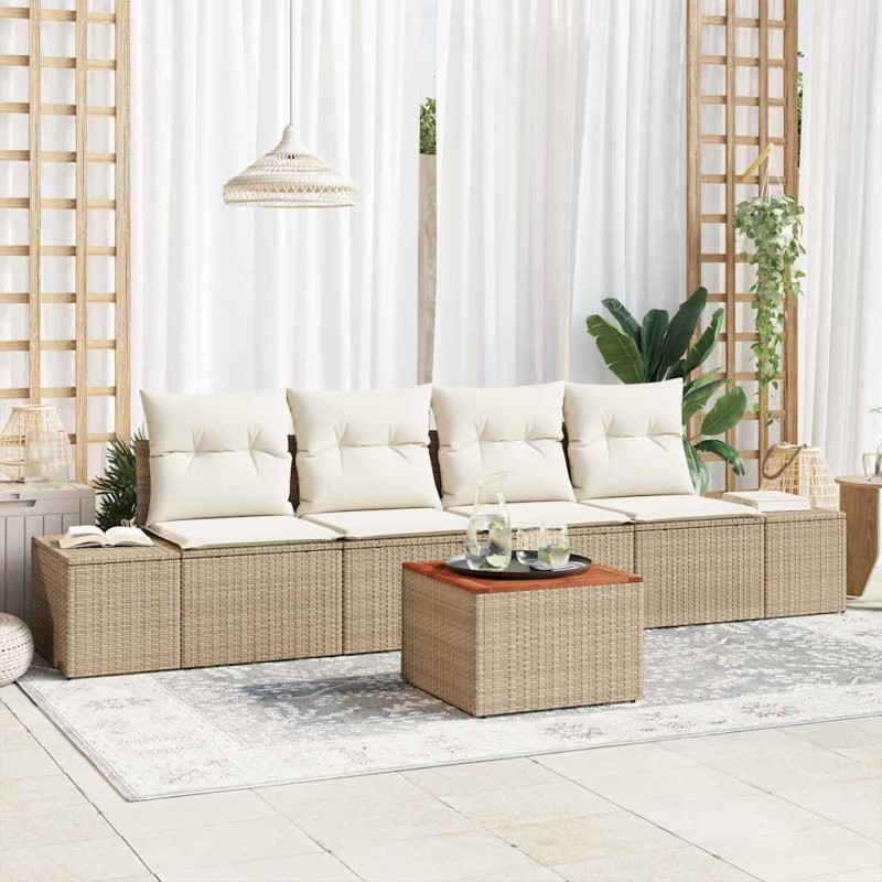 vidaXL Set di Divani da Giardino 5 Pezzi con Cuscini Beige in Rattan Sintetico e Acacia