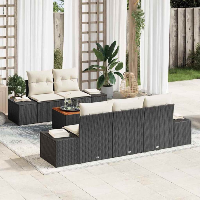 vidaXL Set di Divani da Giardino in 6 Pezzi con Cuscini in Rattan Neri e Acacia