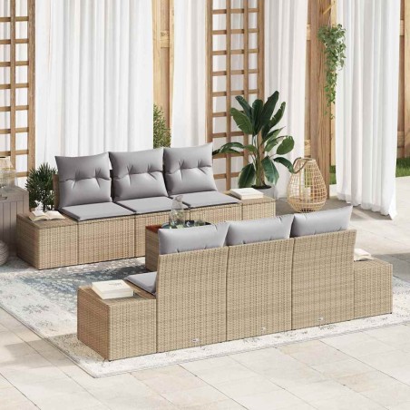 vidaXL Set di divani da giardino a 7 pezzi con cuscini beige in rattan sintetico e legno di acacia