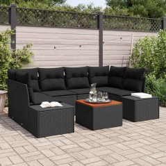 vidaXL Set Divano da Giardino 7 Pezzi con Cuscini Nero in Polirattan e Acacia