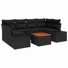 vidaXL Set Divano da Giardino 7 Pezzi con Cuscini Nero in Polirattan e Acacia