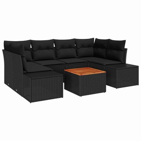 vidaXL Set Divano da Giardino 7 Pezzi con Cuscini Nero in Polirattan e Acacia