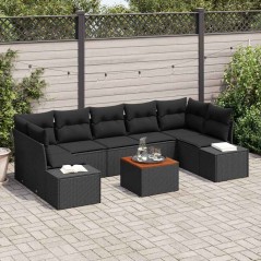 vidaXL Set da giardino in 8 pezzi con cuscini in rattan nero e legno di acacia.