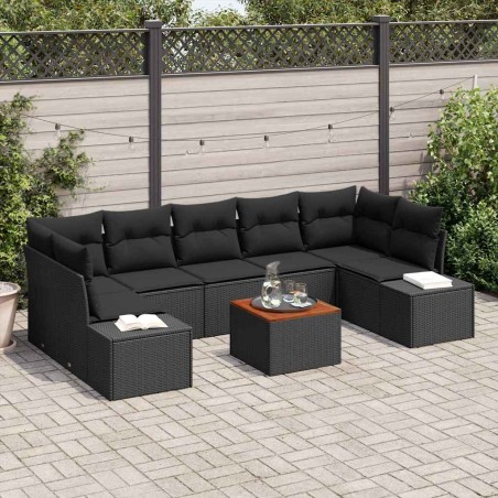 vidaXL Set da giardino in 8 pezzi con cuscini in rattan nero e legno di acacia.