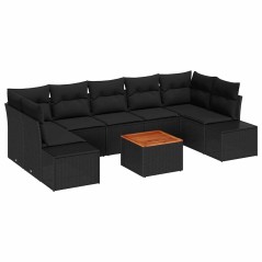vidaXL Set da giardino in 8 pezzi con cuscini in rattan nero e legno di acacia.
