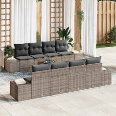 vidaXL Set da giardino 9 pezzi con cuscini grigi in polyrattan e acacia