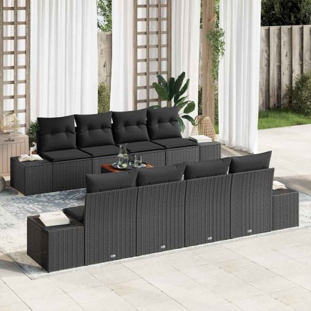 vidaXL Set di divani da giardino di 9 pezzi con cuscini in rattan sintetico nero e acacia.
