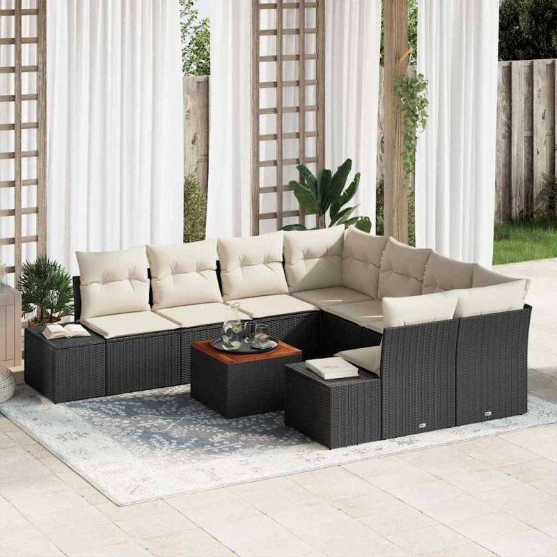 vidaXL Set da Giardino a 9 Pezzi con Cuscini in Rattan Nero e Tavolo in Acacia