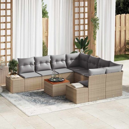 vidaXL Set di divani da giardino da 9 pezzi con cuscini in rattan poliestere beige e legno di acacia