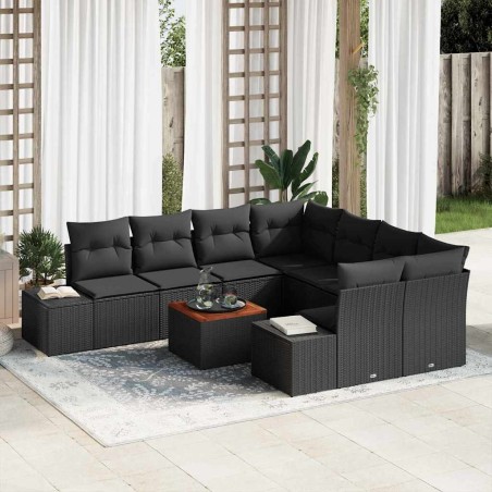 vidaXL Set di divani da giardino a 9 pezzi con cuscini in rattan nero e acacia.