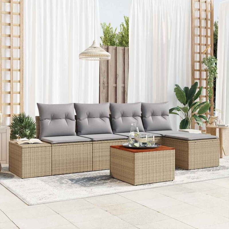 vidaXL Set di Divano da Giardino a 6 Pezzi con Cuscini Beige in Rattan Sintetico e Acacia