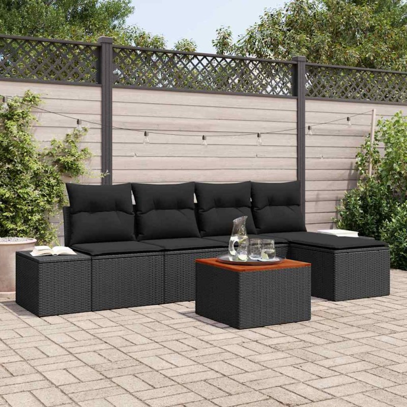 vidaXL Set di divani da giardino a 6 pezzi con cuscini in rattan sintetico nero e legno di acacia vidaXL Set di divani da giardino a 6 pezzi con cuscini in rattan sintetico nero e legno di acacia