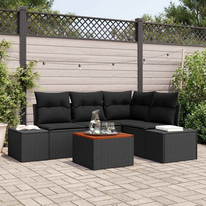 vidaXL Set di Divani da Giardino a 5 Pezzi con Cuscini Neri in Rattan Sintetico e Acacia