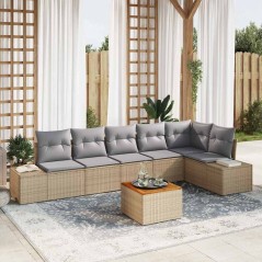 vidaXL Set di divani da giardino 7 pezzi con cuscini beige in polyrattan e acacia.