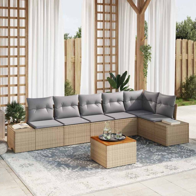 vidaXL Set di divani da giardino 7 pezzi con cuscini beige in polyrattan e acacia.
