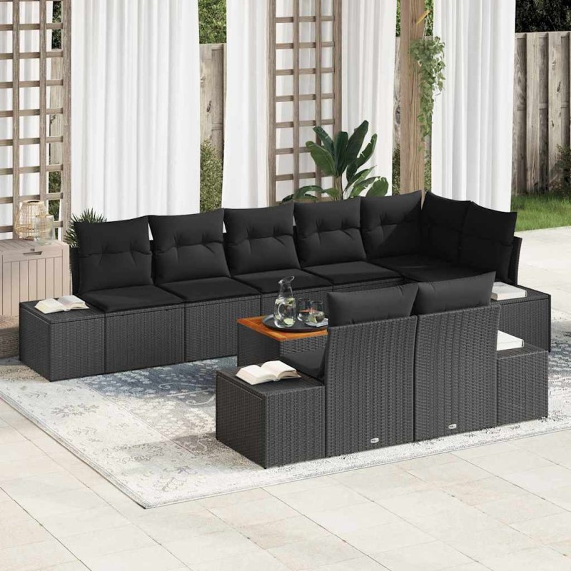 vidaXL Set di divani da giardino di 9 pezzi con cuscini in rattan polietilene nero e legno di acacia.