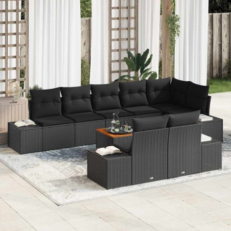 vidaXL Set di divani da giardino di 9 pezzi con cuscini in rattan polietilene nero e legno di acacia.