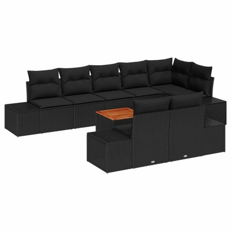 vidaXL Set di divani da giardino di 9 pezzi con cuscini in rattan polietilene nero e legno di acacia.