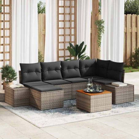 vidaXL Set di Divani da Giardino 7 Pezzi con Cuscini Grigio in Rattan Sintetico e Acacia