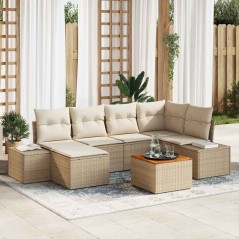 vidaXL Set Divano da Giardino 7 Pezzi con Cuscini Beige in Rattan Sintetico e Acacia