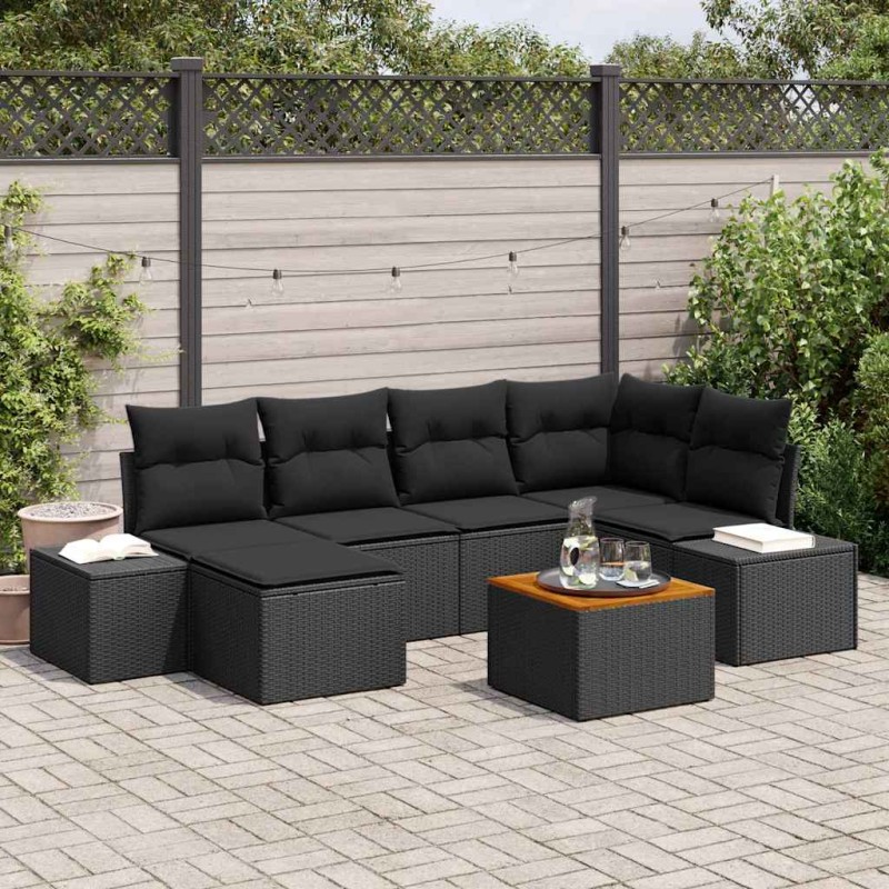 vidaXL Set di divani da giardino 7 pezzi con cuscini in rattan sintetico nero e acacia