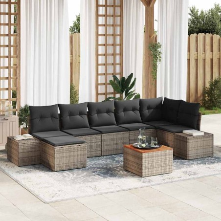 vidaXL Set da Giardino 8 Pezzi con Cuscini Grigio in Rattan Polyrattan e Acacia