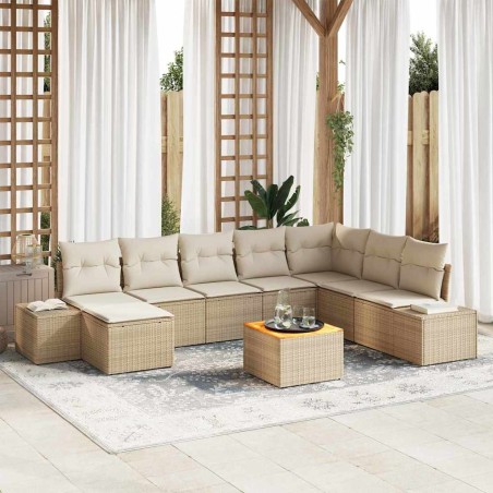 vidaXL Set di divano da giardino 9 pezzi in rattan sintetico e acacia con cuscini beige