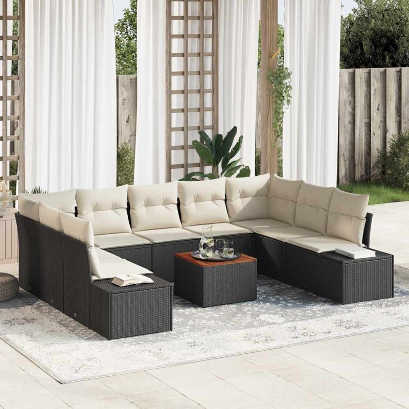 vidaXL Set divano da giardino 10 pezzi con cuscini in rattan nero e acacia