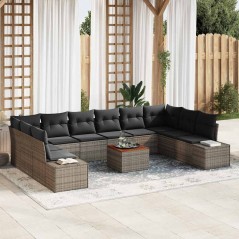 vidaXL Set da Giardino di 11 Pezzi con Cuscini Grigi in Rattan Sintetico e Acacia