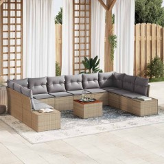 vidaXL Set di divani da giardino da 11 pezzi con cuscini beige in rattan poliuretanico e legno di acacia