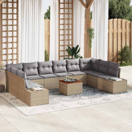 vidaXL Set di divani da giardino da 11 pezzi con cuscini beige in rattan poliuretanico e legno di acacia